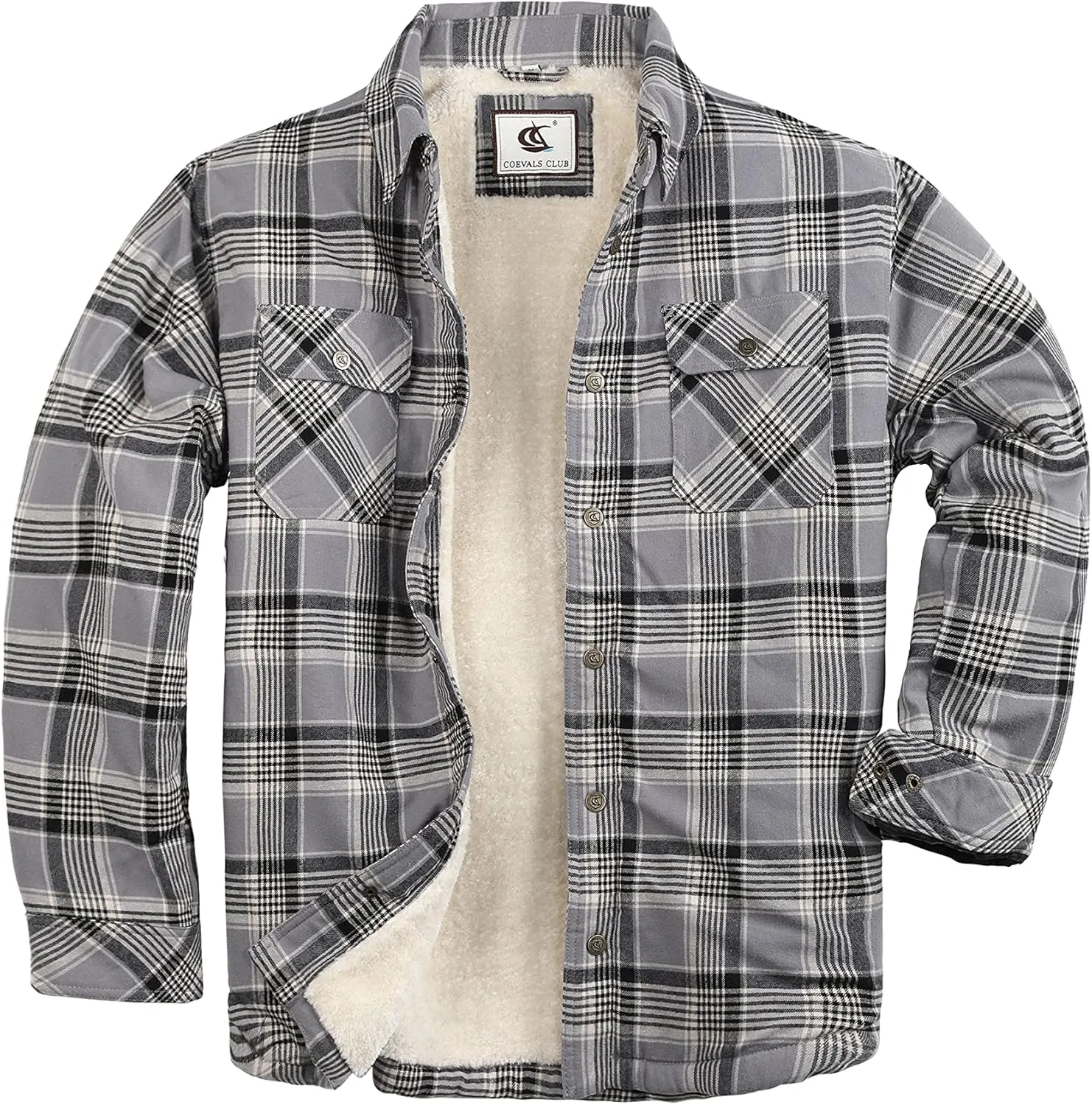 Men's Sherpa Lined Flannel Quilted Jacket Long Sleeve Cotton Button Up Down Jacket Winter Shirts