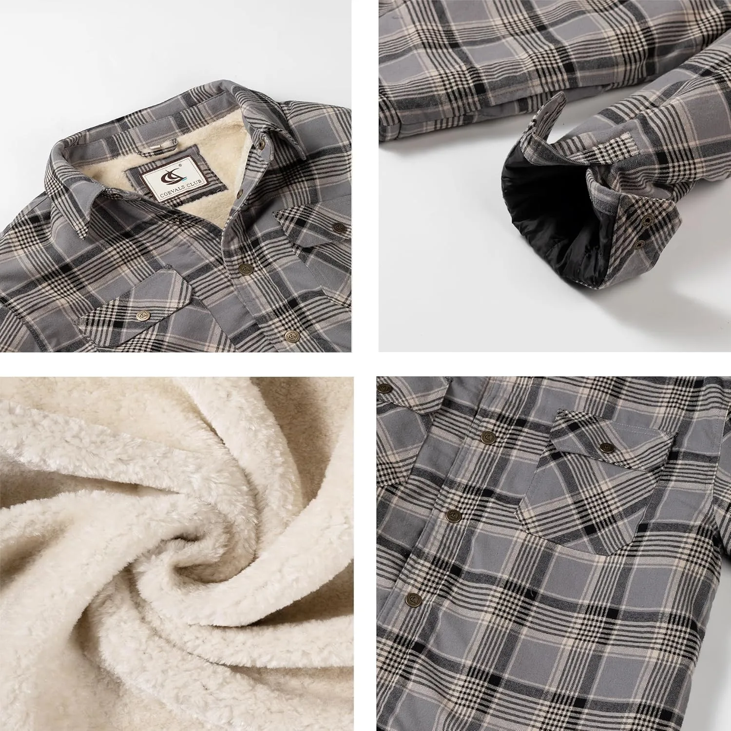 Men's Sherpa Lined Flannel Quilted Jacket Long Sleeve Cotton Button Up Down Jacket Winter Shirts