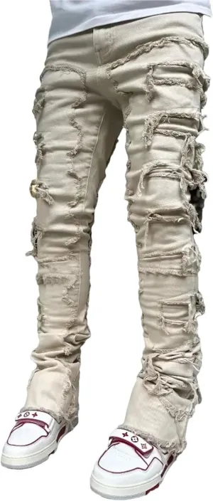 Men's Street Hot Style Elastic Patch Denim Straight-Leg Pants Retro Denim Trousers