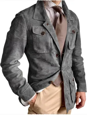 Mens Suede Leather Blazer 3 Button Coats Slim Fit Suit Jacket for Wedding Prom