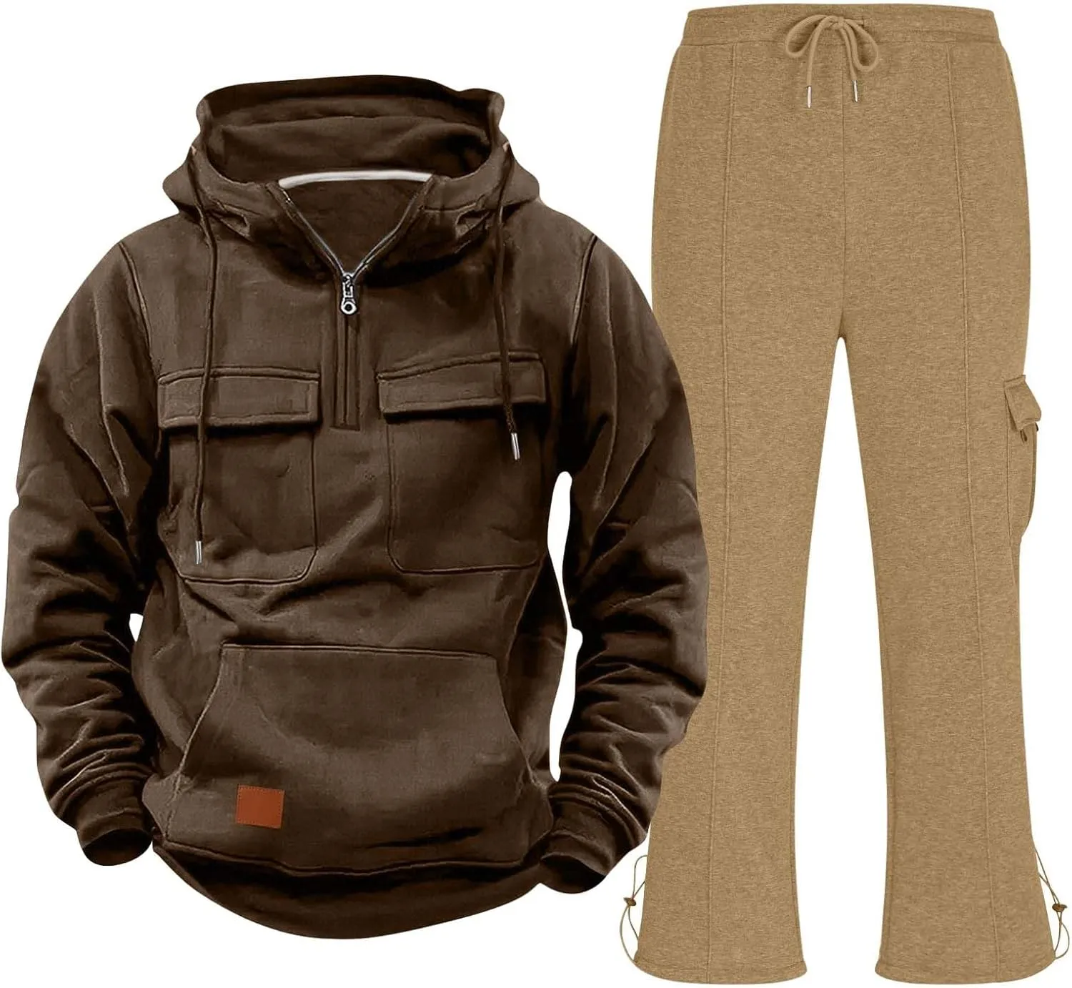 Mens Sweatsuit 2 Piece Quarter Zip Long Sleeve Tactical Hooded Drawstring Pullover Straight Leg Trousers with Pockets