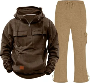 Mens Sweatsuit 2 Piece Quarter Zip Long Sleeve Tactical Hooded Drawstring Pullover Straight Leg Trousers with Pockets