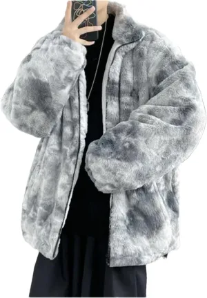 Men's Tie-Dyed Lamb fleece Jacket Cotton Oversize Fleece Cotton-Padded Jackets Zipper Pockets Thickened Coats