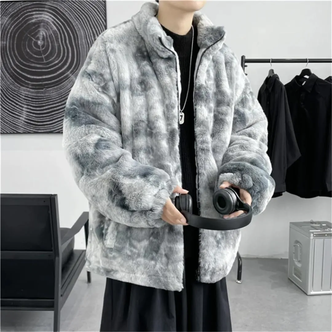 Men's Tie-Dyed Lamb fleece Jacket Cotton Oversize Fleece Cotton-Padded Jackets Zipper Pockets Thickened Coats