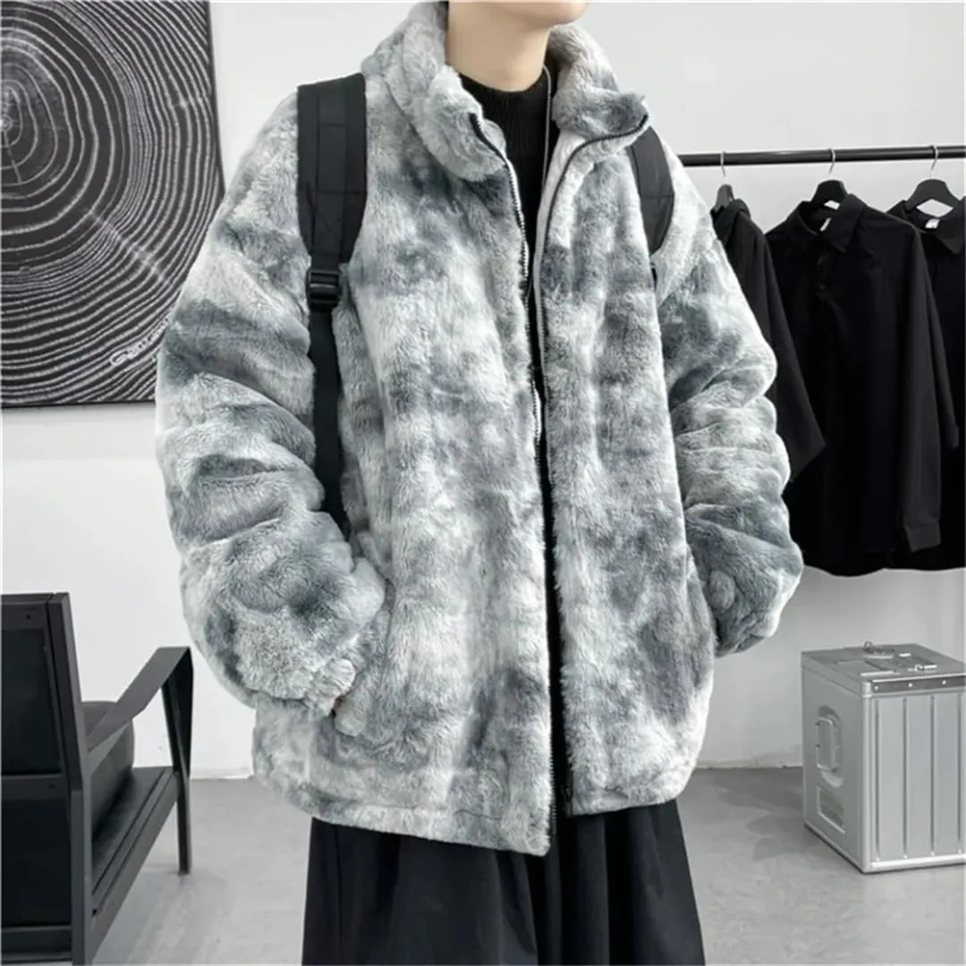 Men's Tie-Dyed Lamb fleece Jacket Cotton Oversize Fleece Cotton-Padded Jackets Zipper Pockets Thickened Coats
