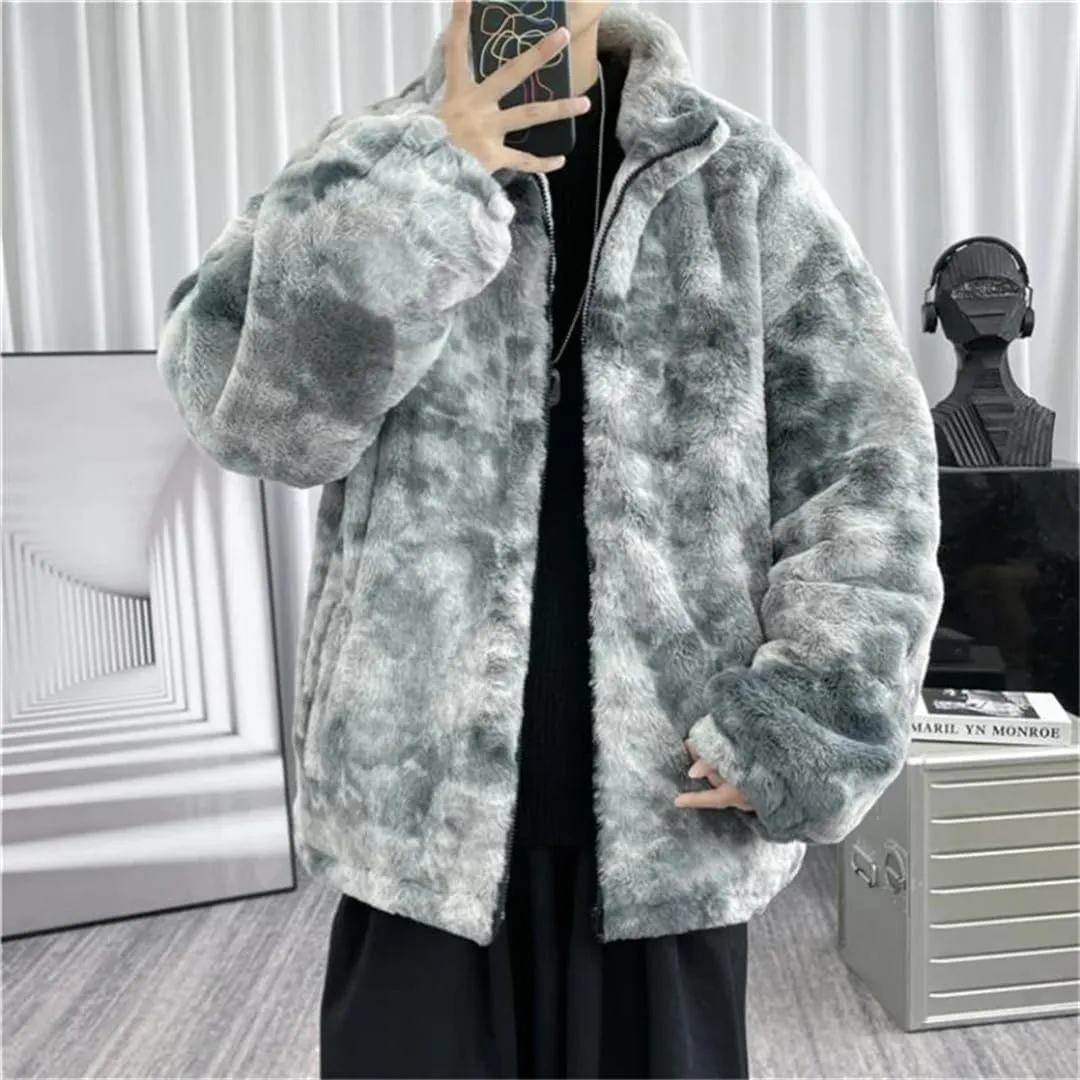 Men's Tie-Dyed Lamb fleece Jacket Cotton Oversize Fleece Cotton-Padded Jackets Zipper Pockets Thickened Coats