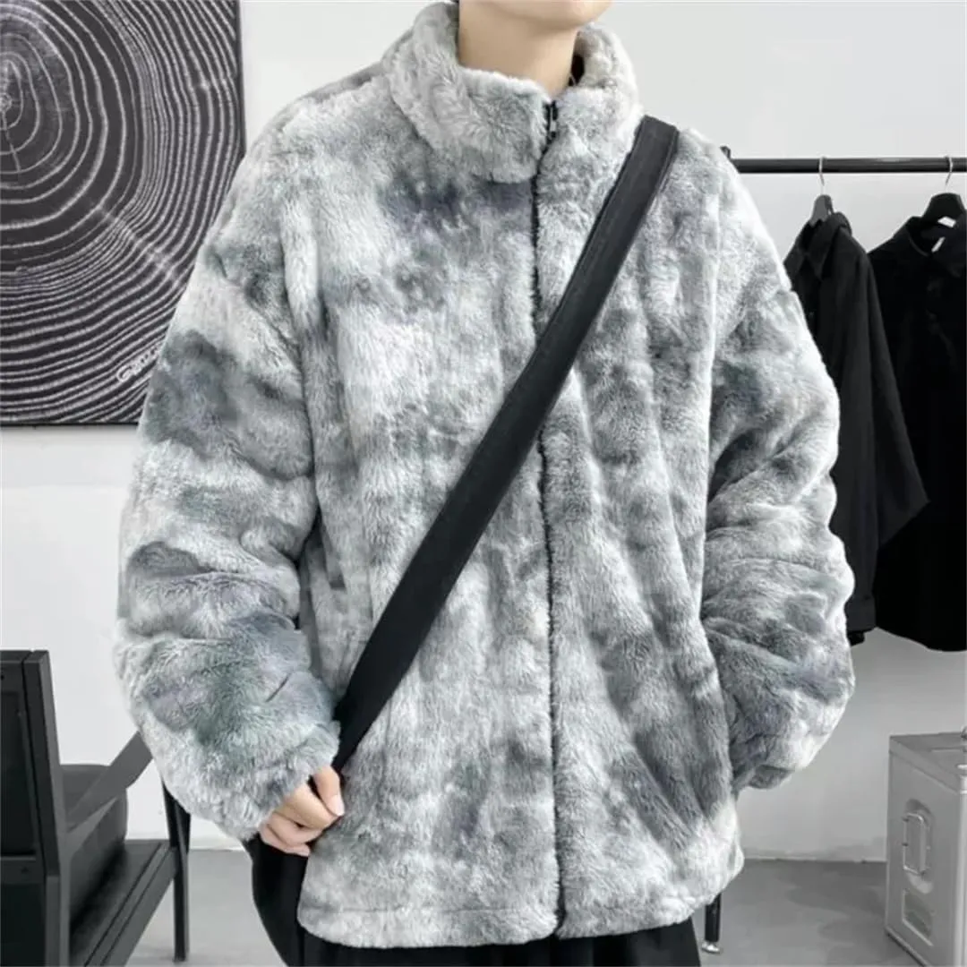 Men's Tie-Dyed Lamb fleece Jacket Cotton Oversize Fleece Cotton-Padded Jackets Zipper Pockets Thickened Coats