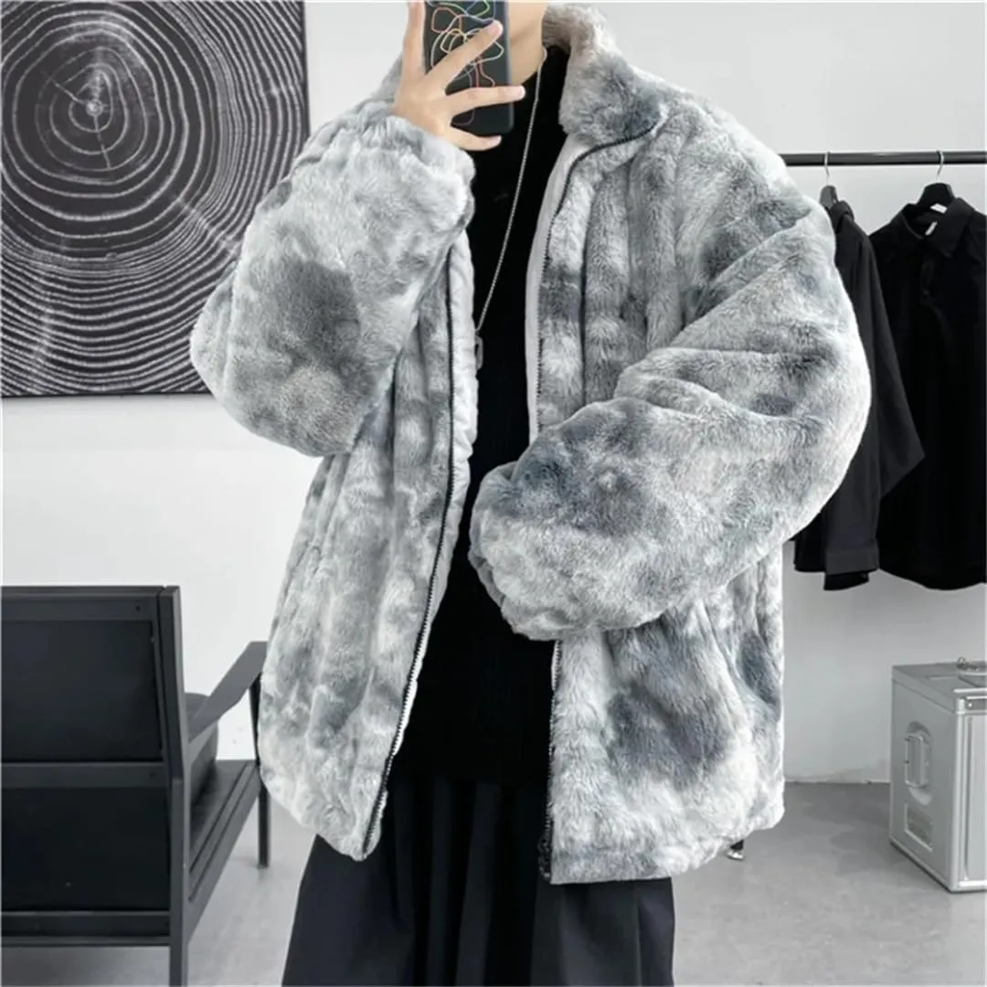 Men's Tie-Dyed Lamb fleece Jacket Cotton Oversize Fleece Cotton-Padded Jackets Zipper Pockets Thickened Coats
