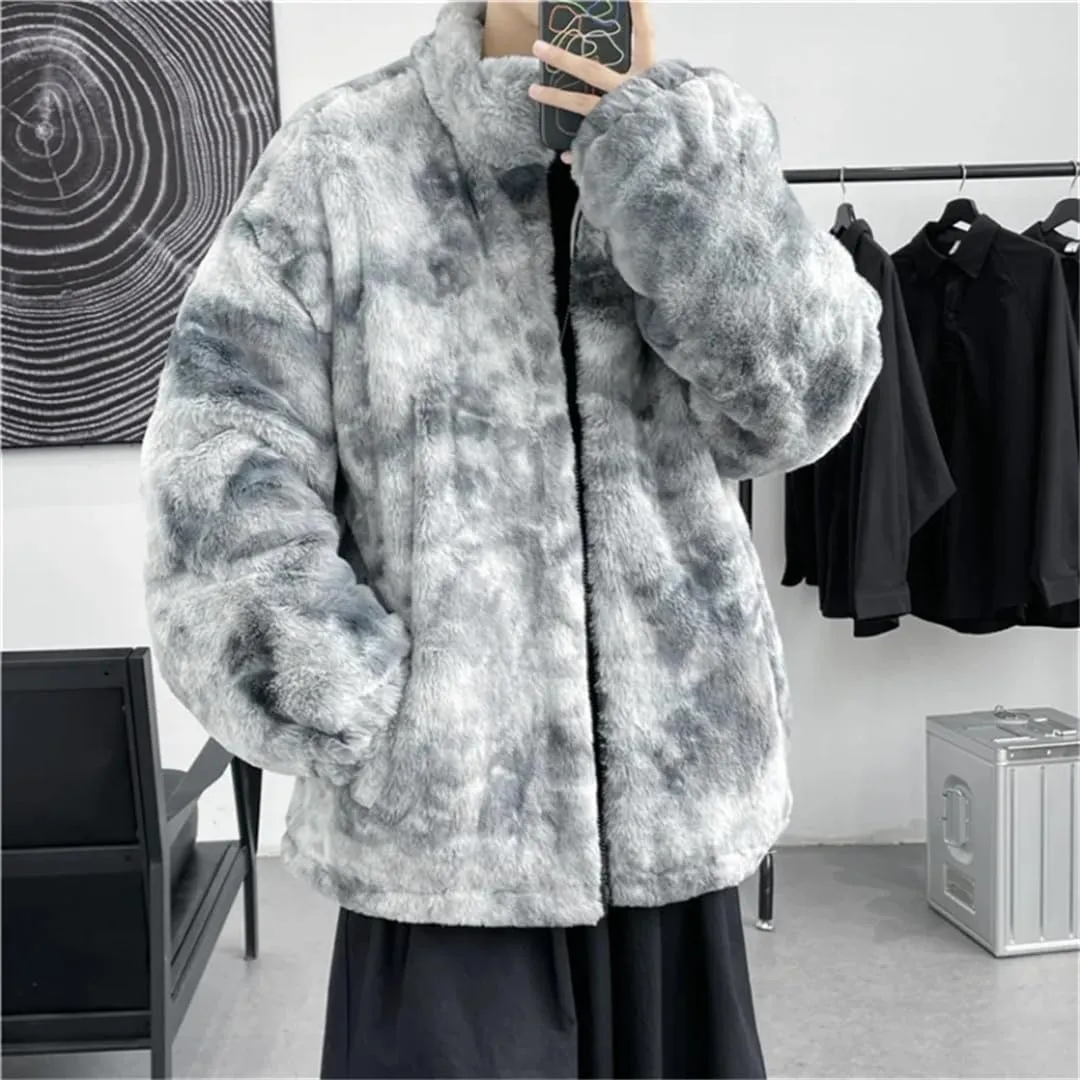 Men's Tie-Dyed Lamb fleece Jacket Cotton Oversize Fleece Cotton-Padded Jackets Zipper Pockets Thickened Coats