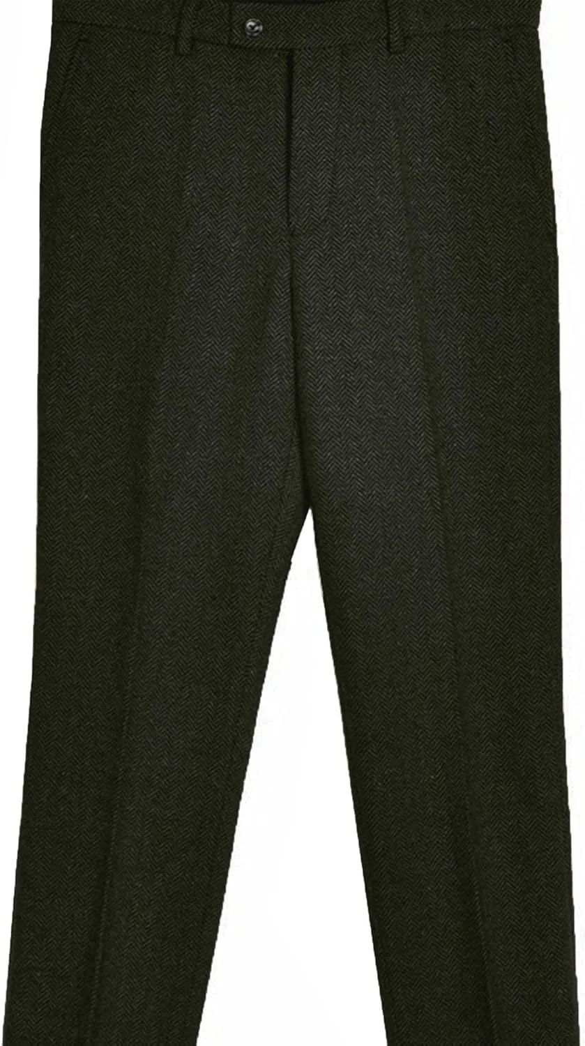Men's Vintage Herringbone Tweed Suit Pants Slim Fit Thick Wool Flat Front Dress Trousers