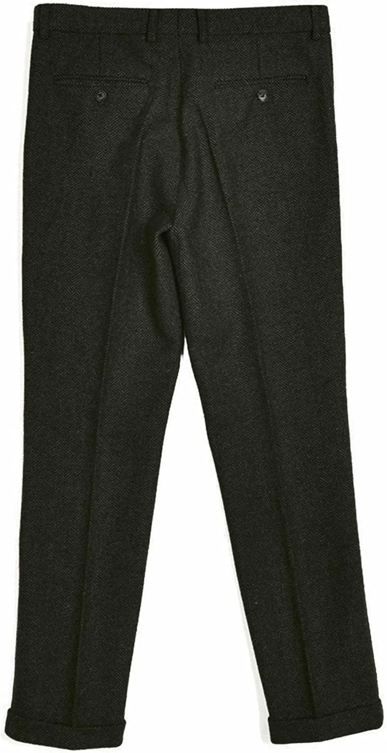 Men's Vintage Herringbone Tweed Suit Pants Slim Fit Thick Wool Flat Front Dress Trousers