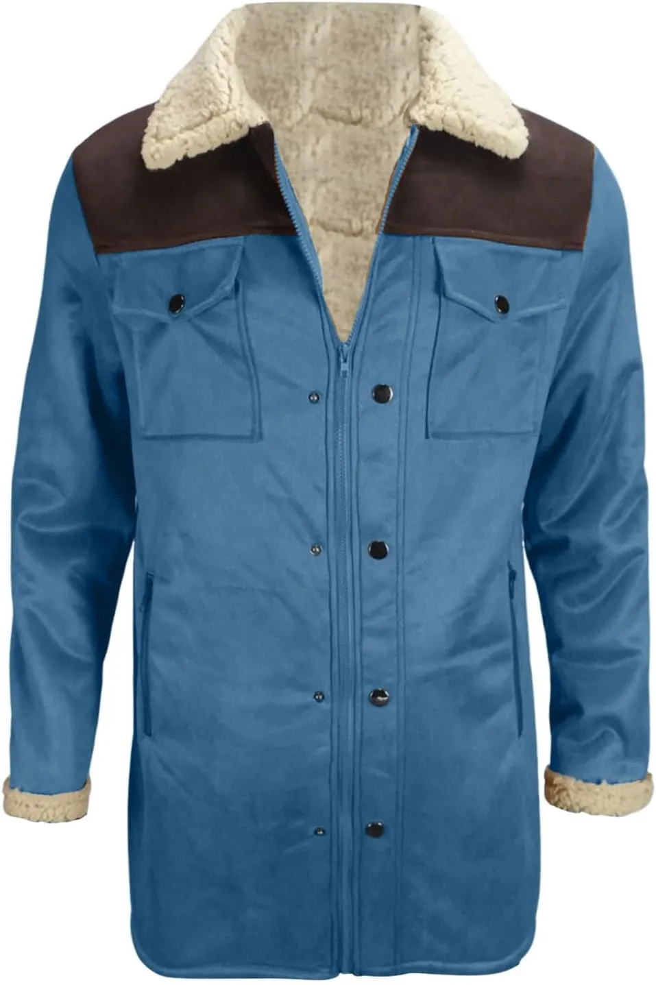 Mens Western Cowboy Jacket Vintage Suede Jacket Long Trench Coats Zip Up Plush Collar Cowboy Peacoat Retro Tops
