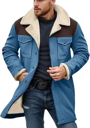 Mens Western Cowboy Jacket Vintage Suede Jacket Long Trench Coats Zip Up Plush Collar Cowboy Peacoat Retro Tops