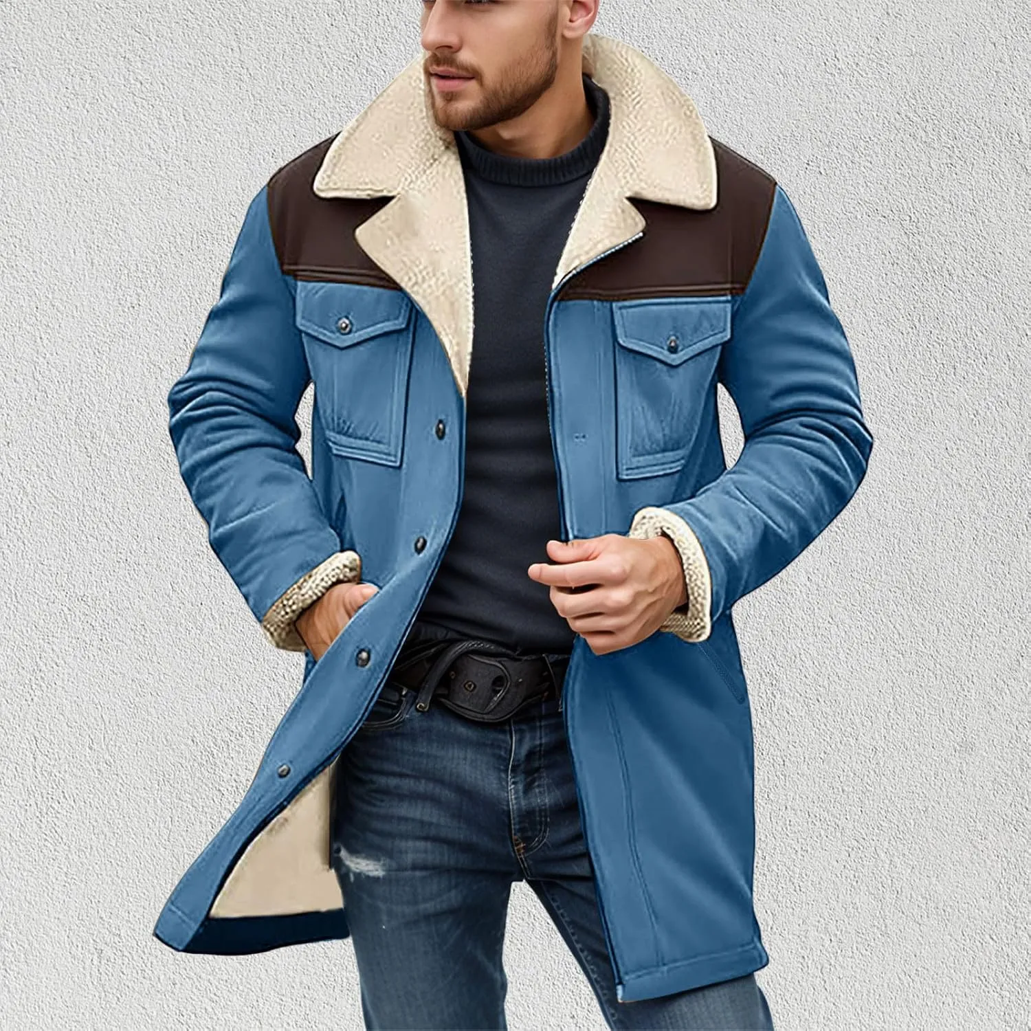 Mens Western Cowboy Jacket Vintage Suede Jacket Long Trench Coats Zip Up Plush Collar Cowboy Peacoat Retro Tops