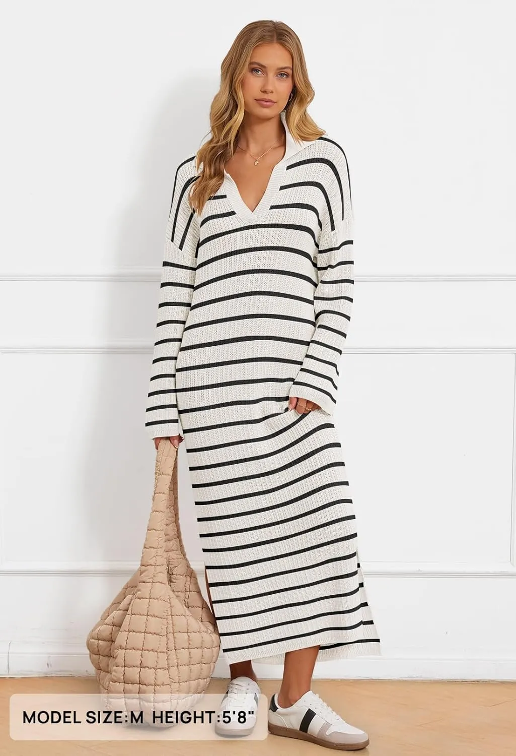 MEROKEETY Women's 2024 Long Sleeve Striped Sweater Dress V Neck Collared Slit Casual Knit Maxi Dresses