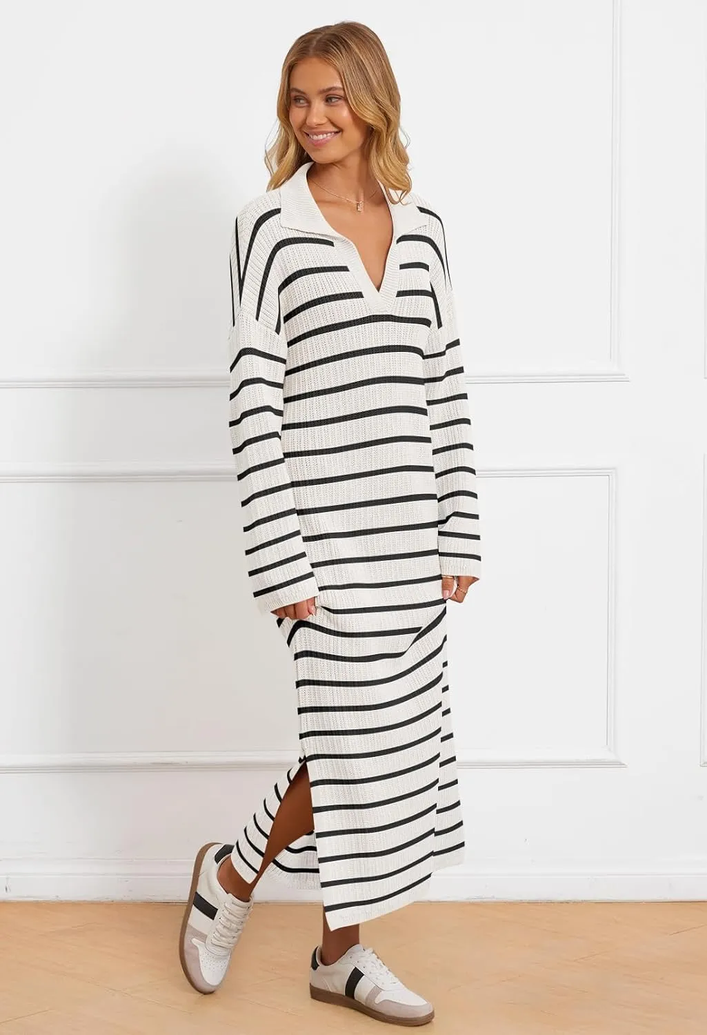 MEROKEETY Women's 2024 Long Sleeve Striped Sweater Dress V Neck Collared Slit Casual Knit Maxi Dresses