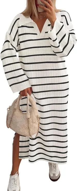 MEROKEETY Women's 2024 Long Sleeve Striped Sweater Dress V Neck Collared Slit Casual Knit Maxi Dresses