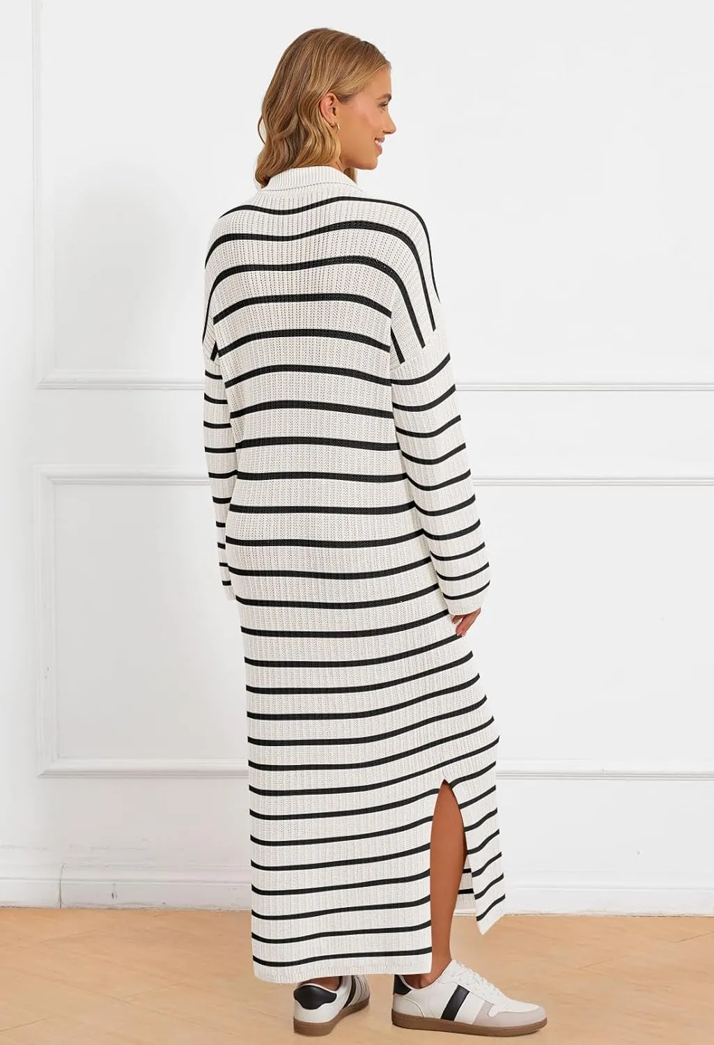 MEROKEETY Women's 2024 Long Sleeve Striped Sweater Dress V Neck Collared Slit Casual Knit Maxi Dresses