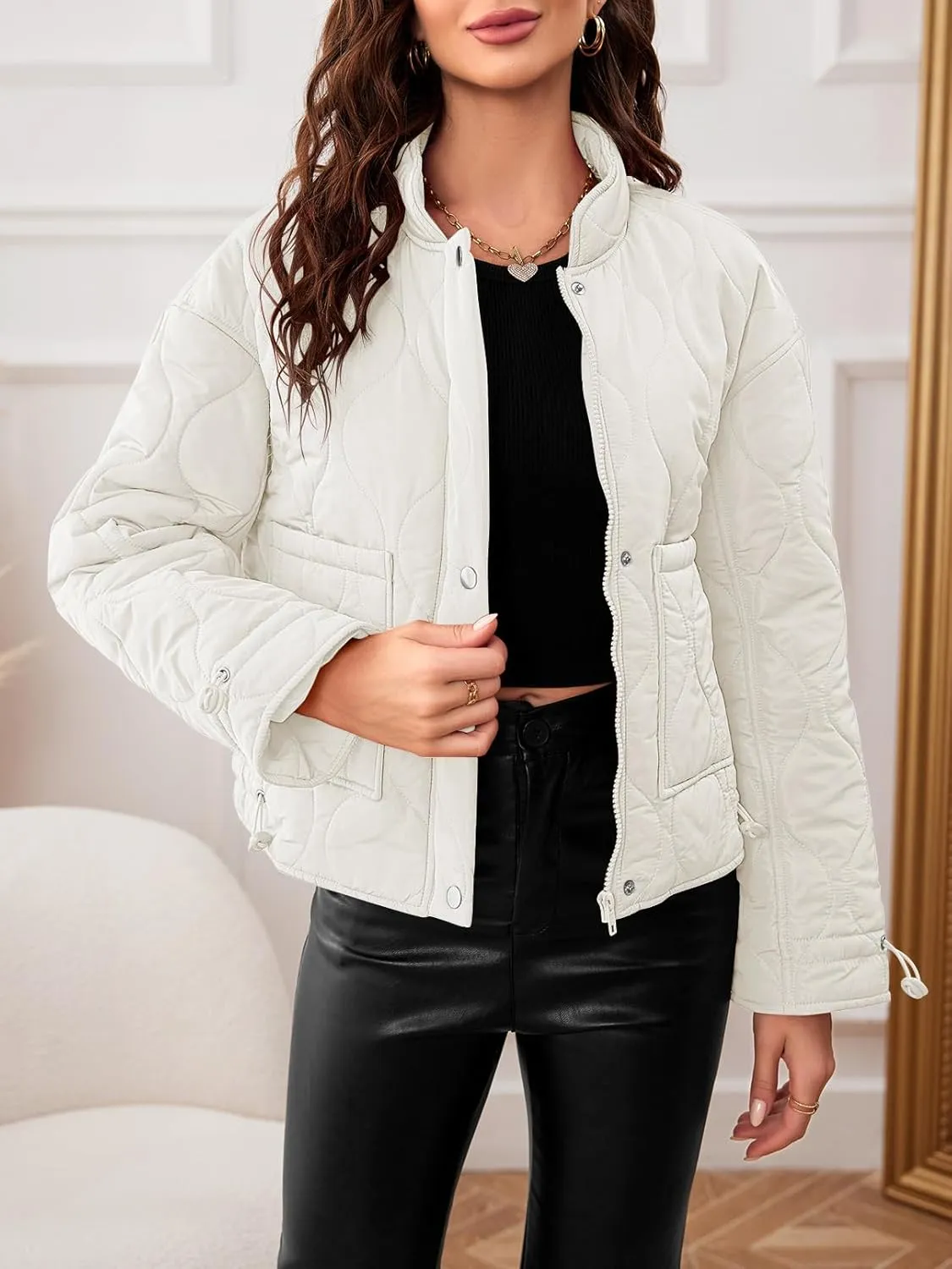 MEROKEETY Women's Cropped Zip-Up Bomber Jackets Warm Quilted Long Sleeve Stand Neck Winter Coats