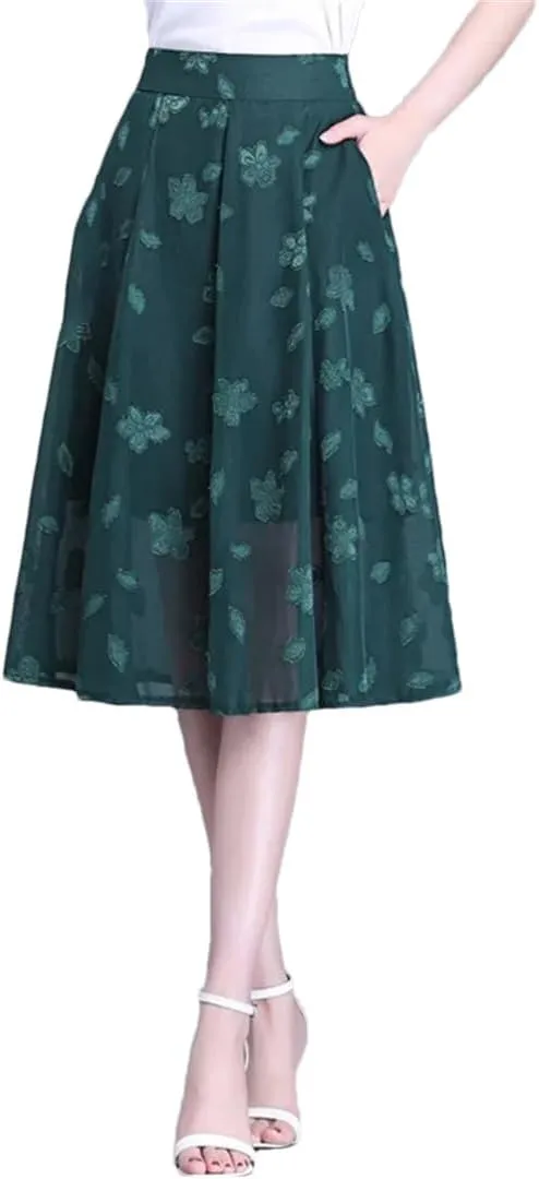 Mesh Flower A-Line Skirt Women Summer High Waist Pleated Mid-Thigh Office Lady Midiskirt