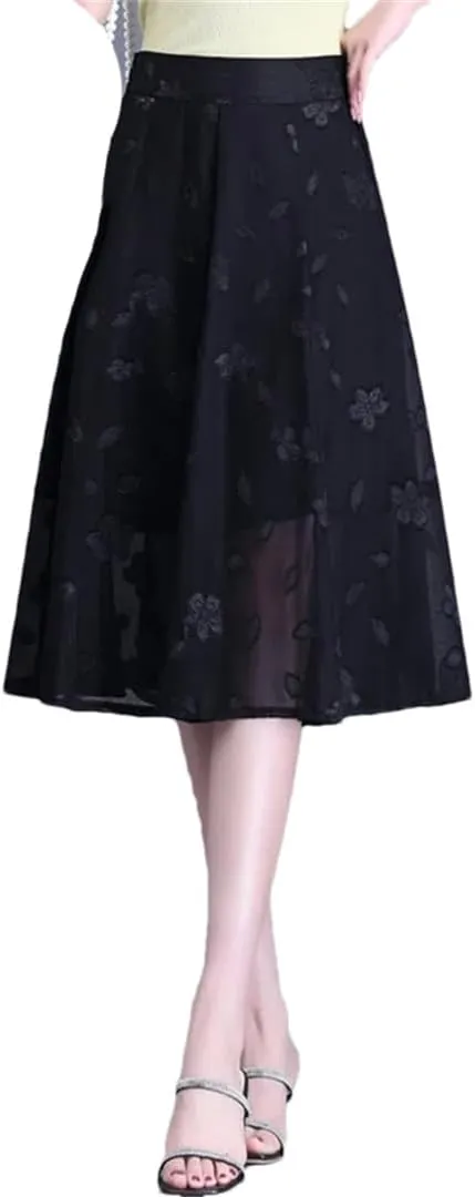 Mesh Flower A-Line Skirt Women Summer High Waist Pleated Mid-Thigh Office Lady Midiskirt