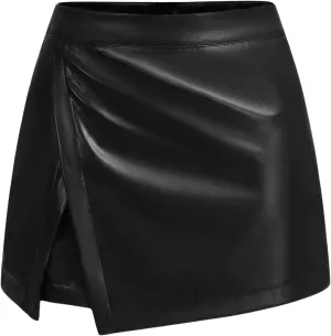 Milumia Women's Pu Leather Skort High Waisted Asymmetrical Hem Wrap Skirt Shorts