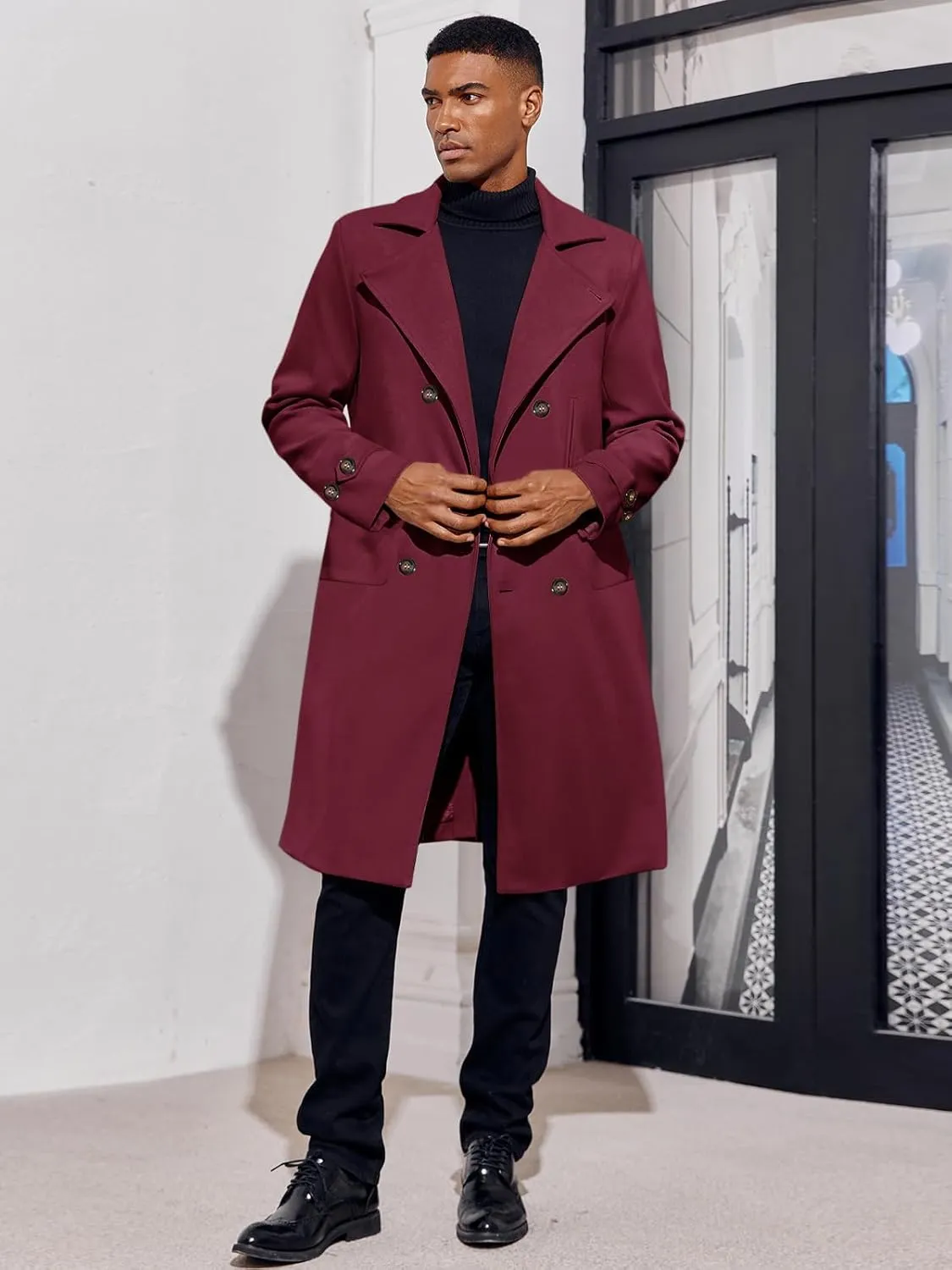 MNCEGEER Men's Trench Coat Notch Lapel Double Breasted Casual Cotton Blend Peacoat