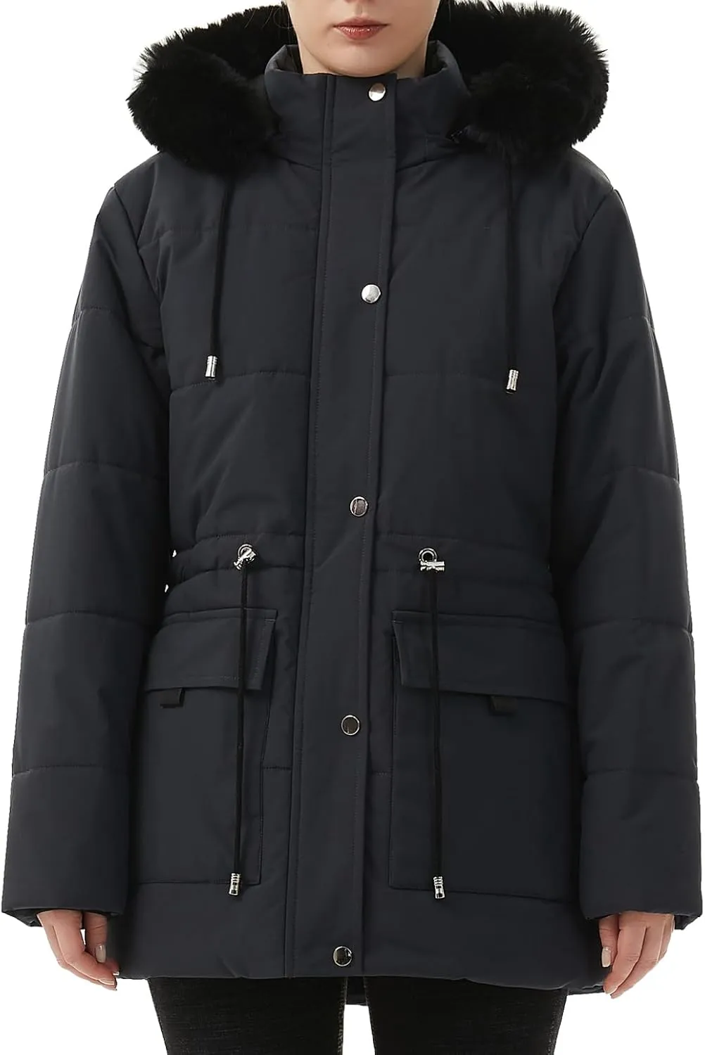 MOERDENG Women's Warm Winter Puffer Coat Thicken Fleece Lined Down Jacket Faux Fur Detachable Hood Snow Parka