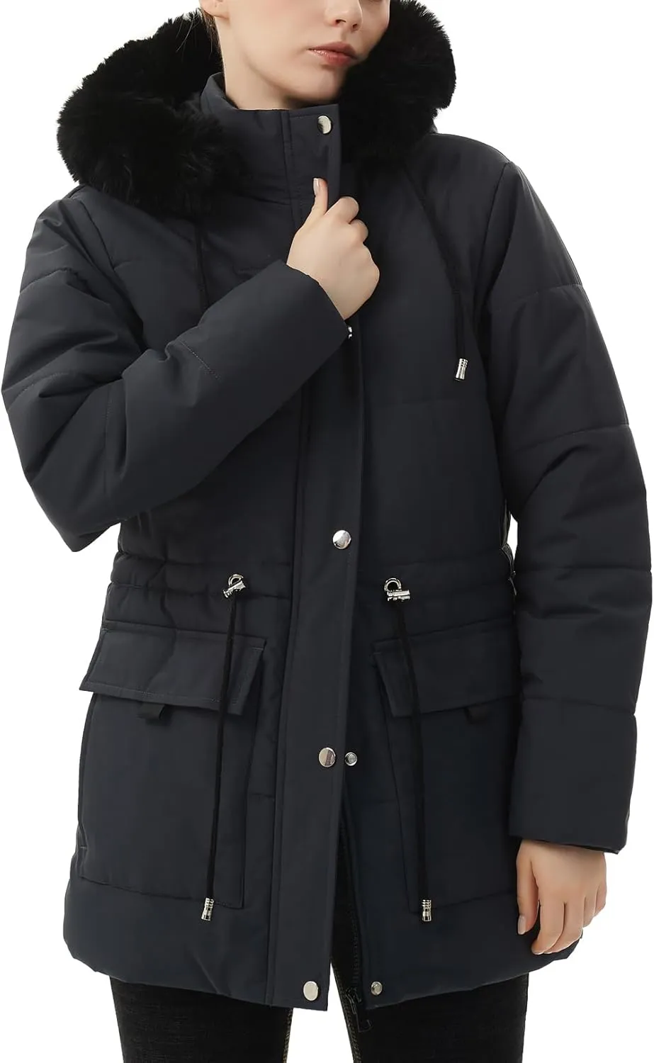 MOERDENG Women's Warm Winter Puffer Coat Thicken Fleece Lined Down Jacket Faux Fur Detachable Hood Snow Parka