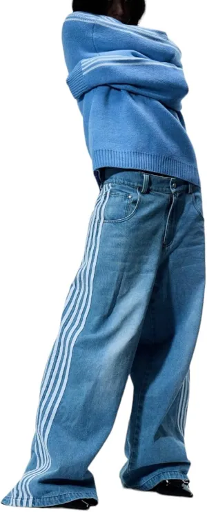 Mxiqqpltky Womens Wide Leg Jeans High Waist Boyfriend Denim Pants Side Striped Print Straight Baggy Mom Jeans Y2k Streetwear
