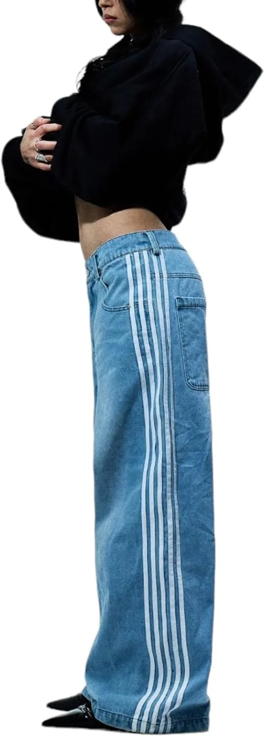Mxiqqpltky Womens Wide Leg Jeans High Waist Boyfriend Denim Pants Side Striped Print Straight Baggy Mom Jeans Y2k Streetwear