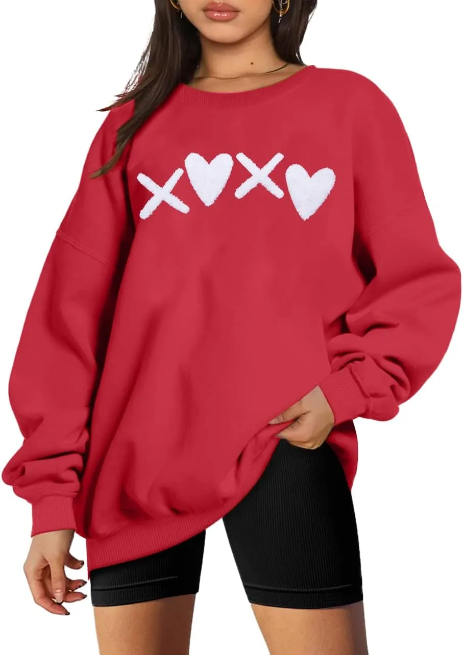 MYHALF Valentines Sweatshirt Women Valentine Shirts: Oversized Embroidered Crewneck Tops Holiday Long Sleeve Outfits