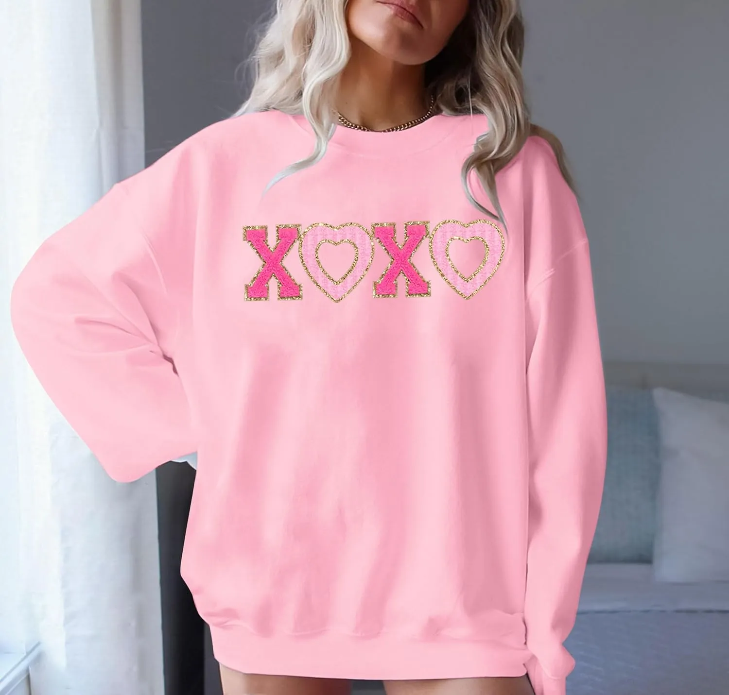 MYHALF Valentines Sweatshirt Women Valentine Shirts: Oversized Embroidered Crewneck Tops Holiday Long Sleeve Outfits