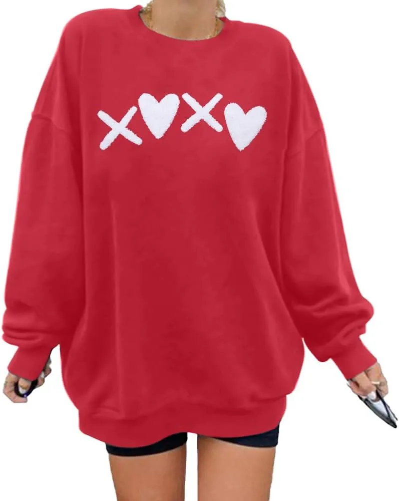 MYHALF Valentines Sweatshirt Women Valentine Shirts: Oversized Embroidered Crewneck Tops Holiday Long Sleeve Outfits