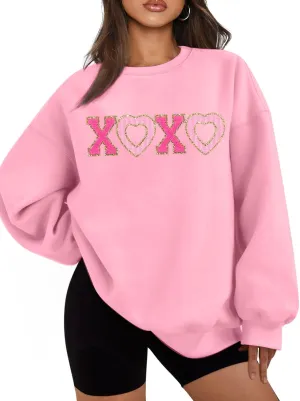 MYHALF Valentines Sweatshirt Women Valentine Shirts: Oversized Embroidered Crewneck Tops Holiday Long Sleeve Outfits