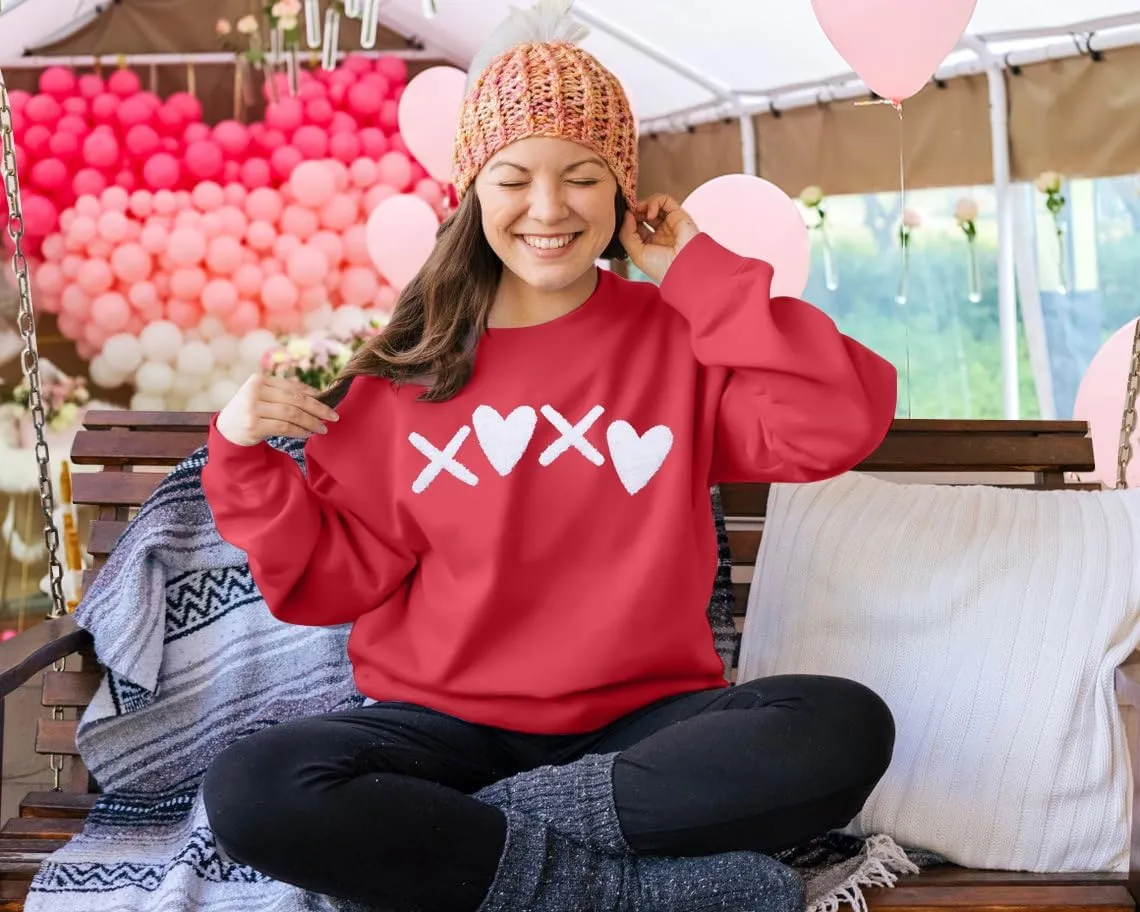 MYHALF Valentines Sweatshirt Women Valentine Shirts: Oversized Embroidered Crewneck Tops Holiday Long Sleeve Outfits