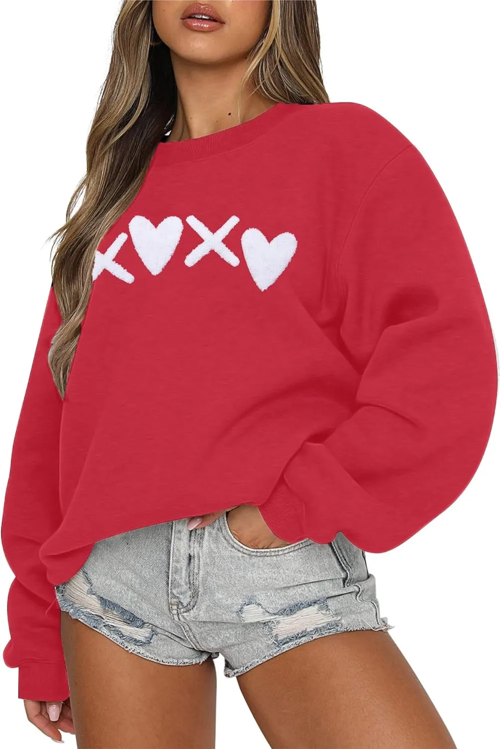 MYHALF Valentines Sweatshirt Women Valentine Shirts: Oversized Embroidered Crewneck Tops Holiday Long Sleeve Outfits