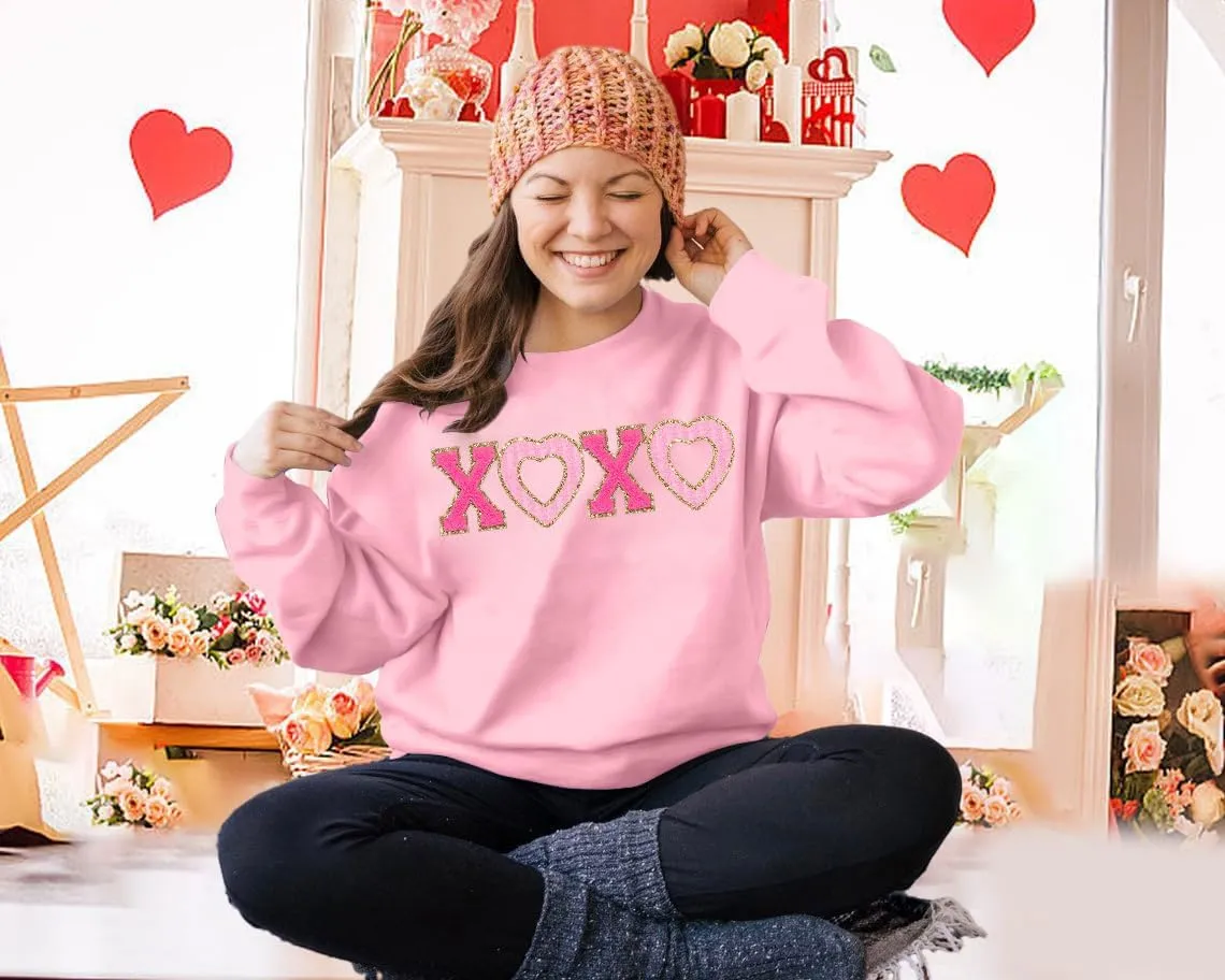 MYHALF Valentines Sweatshirt Women Valentine Shirts: Oversized Embroidered Crewneck Tops Holiday Long Sleeve Outfits