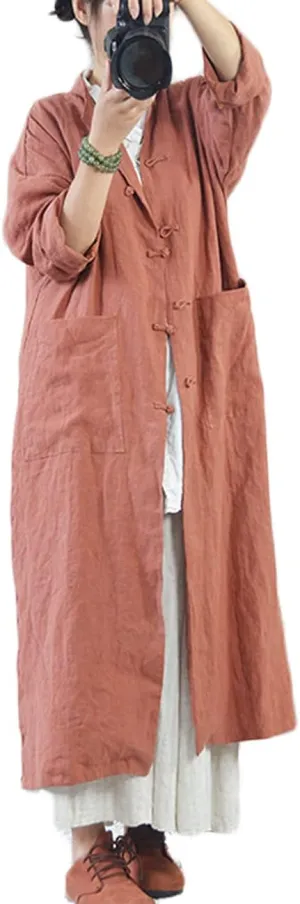NFYM Women Vintage Cotton Linen Trench Coats Button Stand Solid Color Long Sleeve Pockets Long Jackets