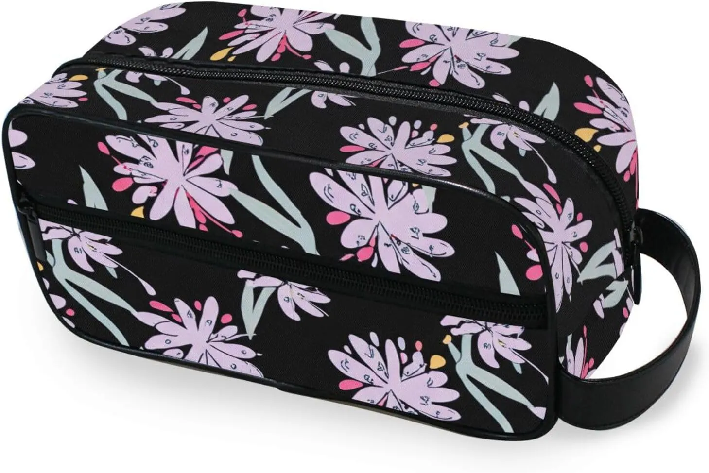 ODAWA Unisex Hanging Toiletry Bag Wild Flowers Black Travel Organizer Water Resistant Shaving Bag for Toiletries