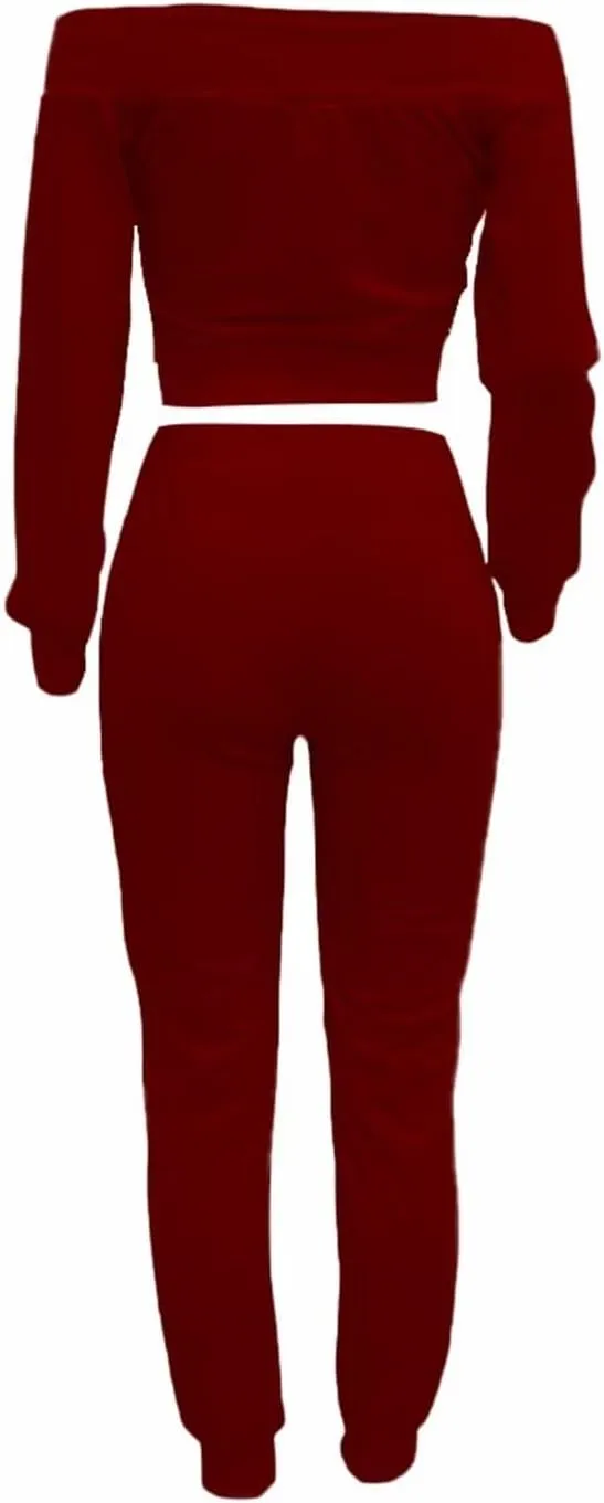 OLUOLIN Women Sexy Long Sleeve Two Pieces Outfits Tracksuit Lace Up Off Shoulder Casual Sweatsuit