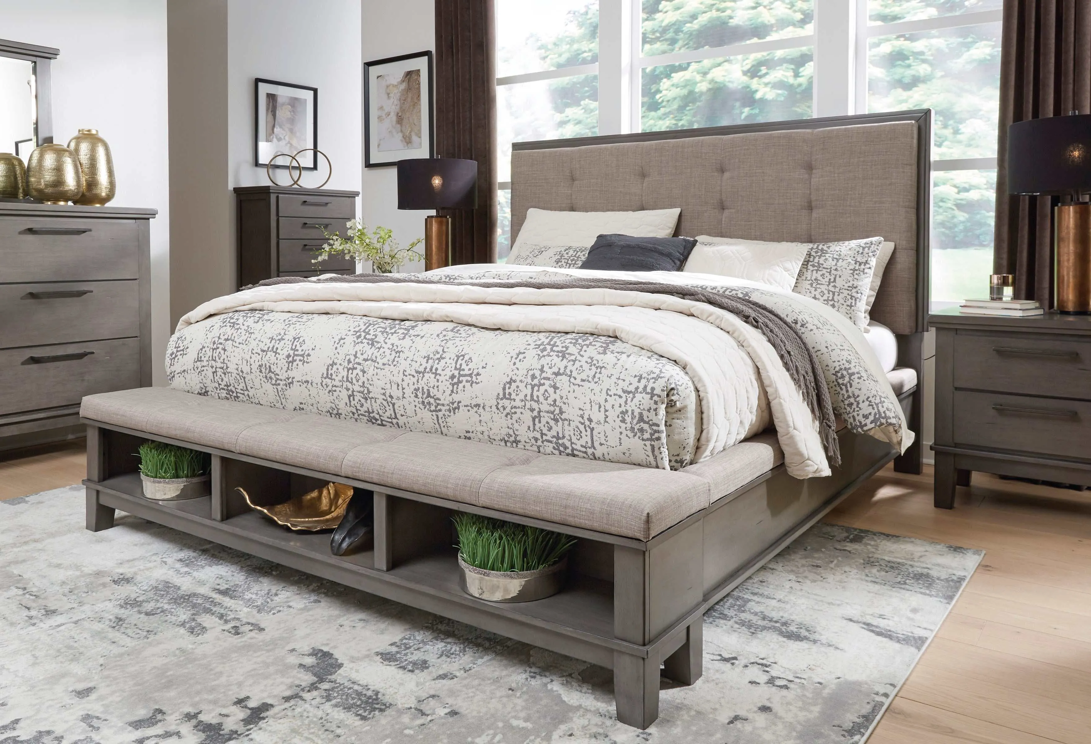(Online Special Price) Hallanden Gray & Taupe Uph. Panel Bedroom Sets