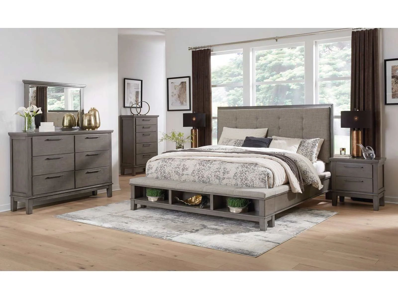 (Online Special Price) Hallanden Gray & Taupe Uph. Panel Bedroom Sets