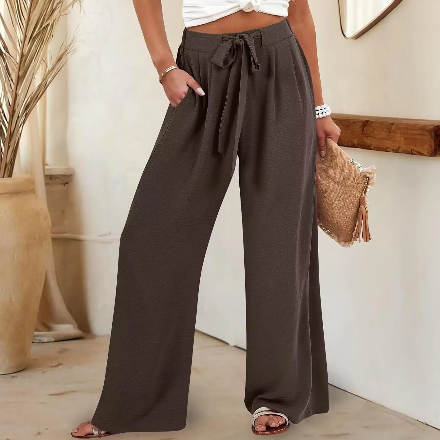 Palazzo Pants for Women Casual Wide Leg Pants Ruffle Smocked High Waisted Pant Flowy Boho Beach Trousers with Pocket