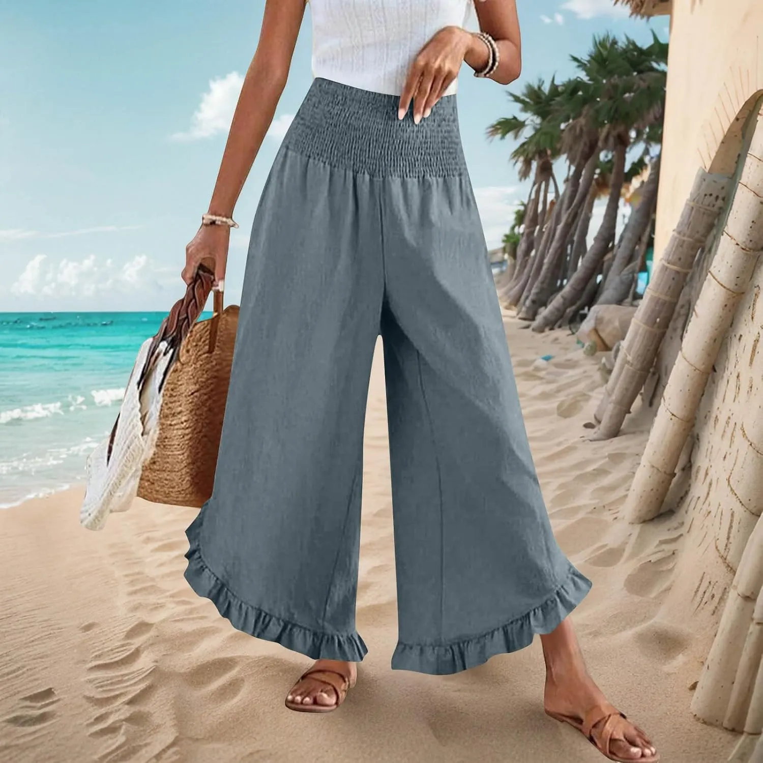 Palazzo Pants for Women Casual Wide Leg Pants Ruffle Smocked High Waisted Pant Flowy Boho Beach Trousers with Pocket
