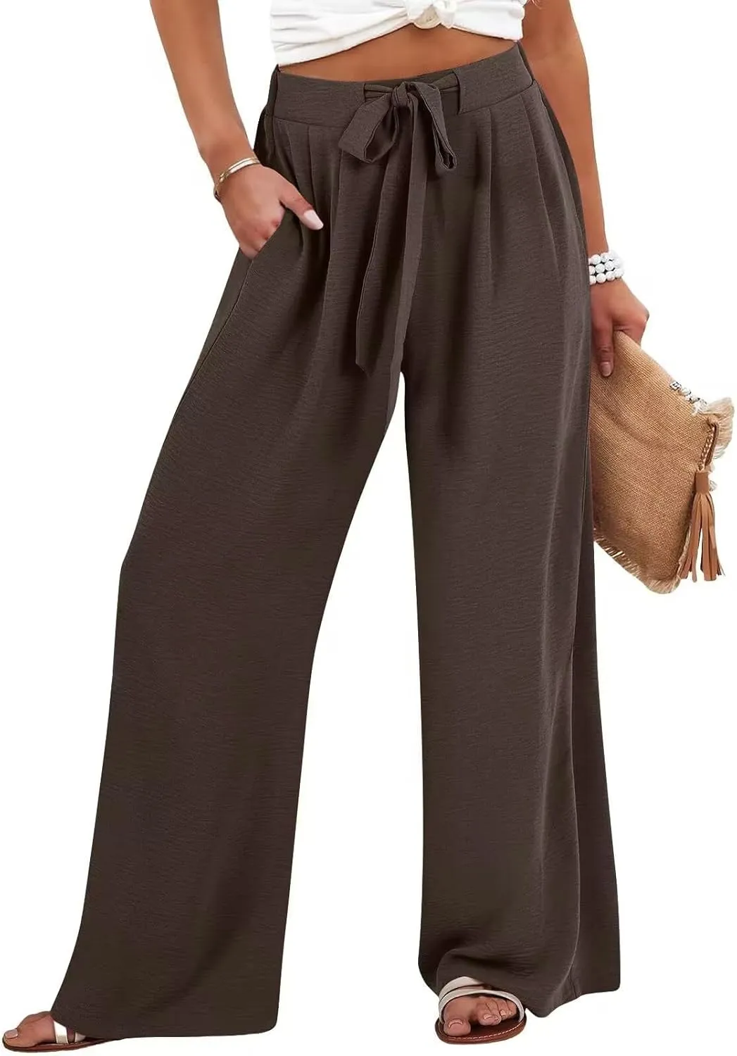 Palazzo Pants for Women Casual Wide Leg Pants Ruffle Smocked High Waisted Pant Flowy Boho Beach Trousers with Pocket