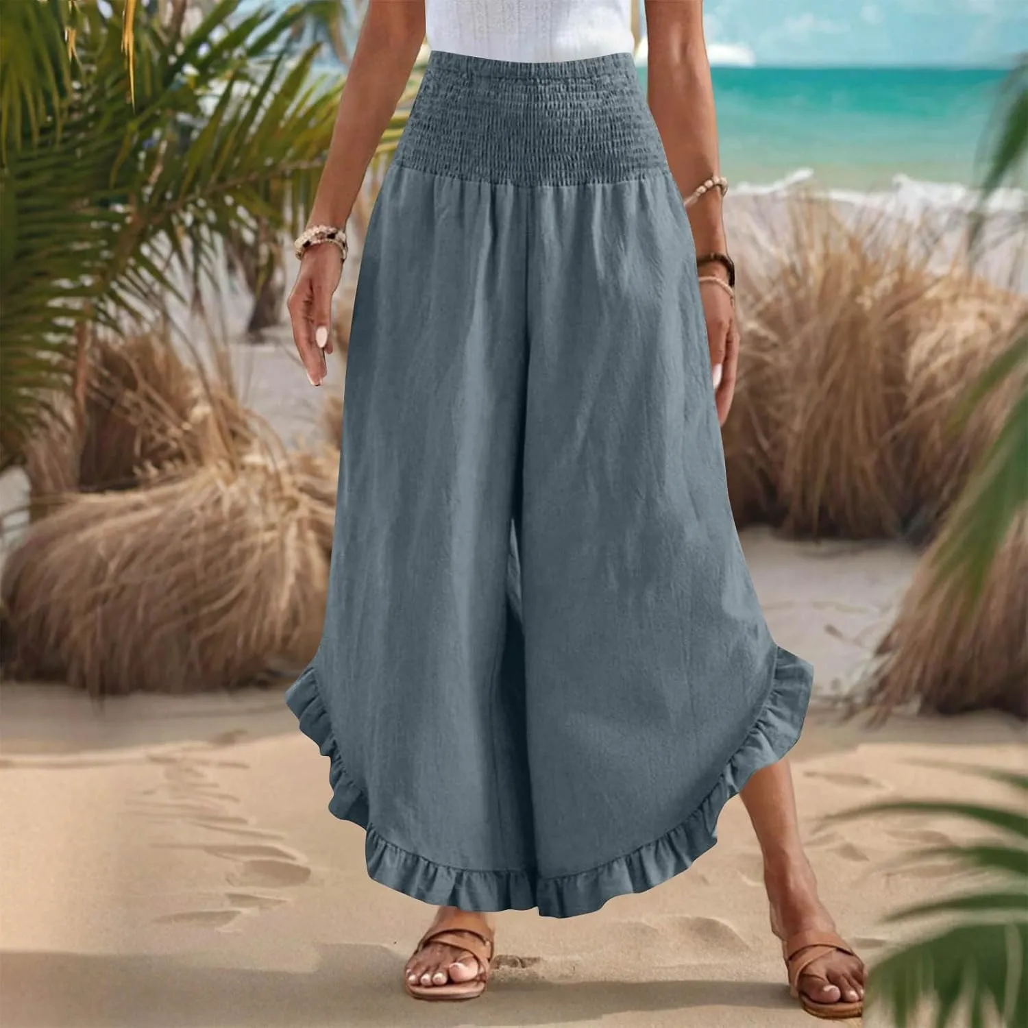 Palazzo Pants for Women Casual Wide Leg Pants Ruffle Smocked High Waisted Pant Flowy Boho Beach Trousers with Pocket