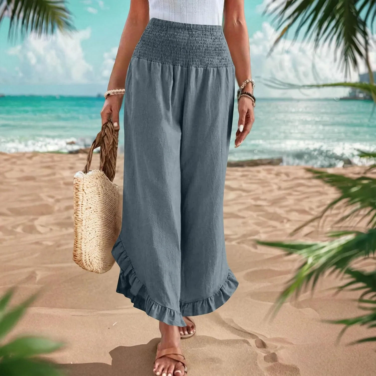 Palazzo Pants for Women Casual Wide Leg Pants Ruffle Smocked High Waisted Pant Flowy Boho Beach Trousers with Pocket
