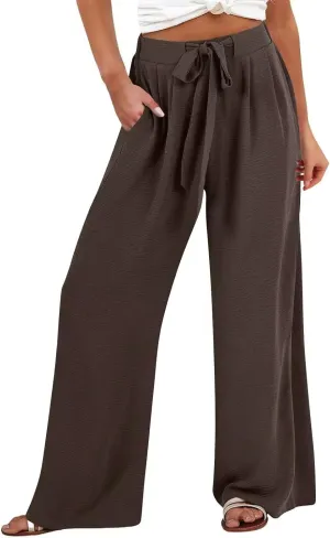 Palazzo Pants for Women Casual Wide Leg Pants Ruffle Smocked High Waisted Pant Flowy Boho Beach Trousers with Pocket