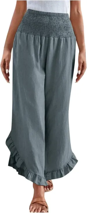 Palazzo Pants for Women Casual Wide Leg Pants Ruffle Smocked High Waisted Pant Flowy Boho Beach Trousers with Pocket